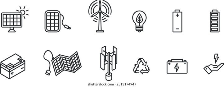 Green energy icon set. Renewable energy, solar panel, wind turbine etc.