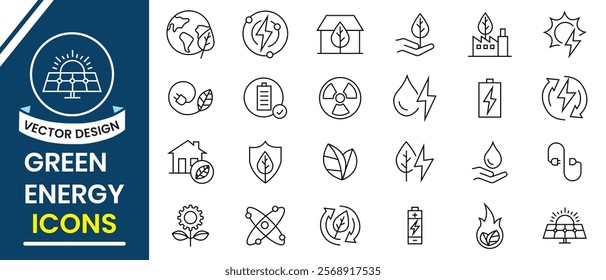 Green energy icon set. Set of renewable energy, ecology, green line energy and green electricity icons. Vector illustration.