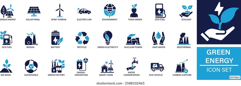 Green energy icon set Solar Panel, Wind Turbine, Hydropower, Geothermal Energy, Biofuel, Electric Car, Battery You can easily change the color.