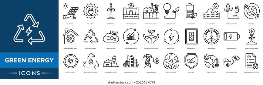 Green Energy icon set. Solar Panel, Sun Energy, Wind Turbine, Hydropower Dam, Geothermal Energy, Biomass Leaf, Eco Battery and Wave Energy
