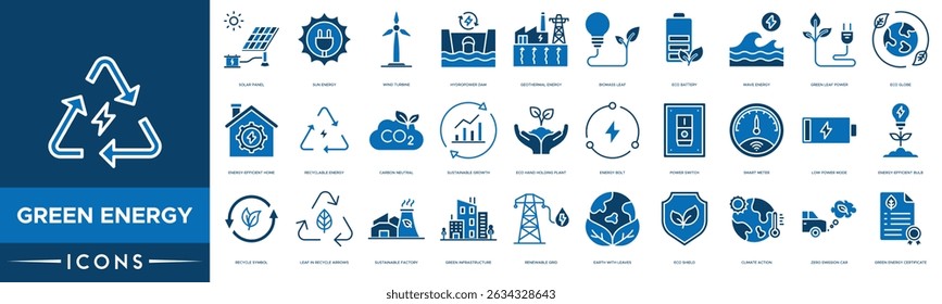 Green Energy icon set. Solar Panel, Sun Energy, Wind Turbine, Hydropower Dam, Geothermal Energy, Biomass Leaf, Eco Battery and Wave Energy