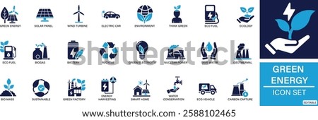 Green energy icon set Solar Panel, Wind Turbine, Hydropower, Geothermal Energy, Biofuel, Electric Car, Battery You can easily change the color.