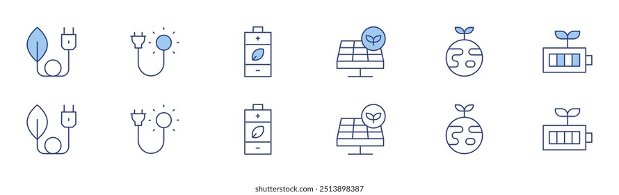 Icono de energía verde en dos estilos, estilo Duotone y Thin Line. Energía verde, energía solar, tierra verde, respetuoso del medio ambiente.