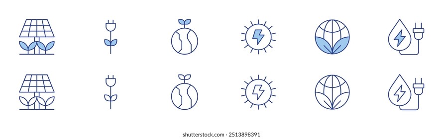 Ícone de energia verde definido em dois estilos, Duotônico e Linha fina. AVC editável. painel solar, energia solar, plugue, eco friendly, energia hidrelétrica, terra.