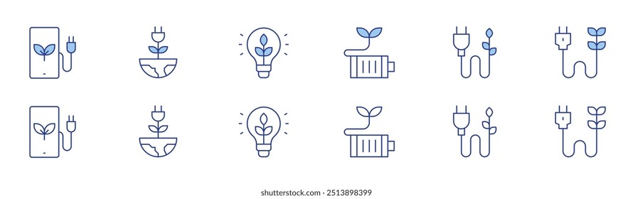 Green energy icon set in two styles, Duotone and Thin Line style. Editable stroke. smartphone, battery, green energy, sustainable energy.