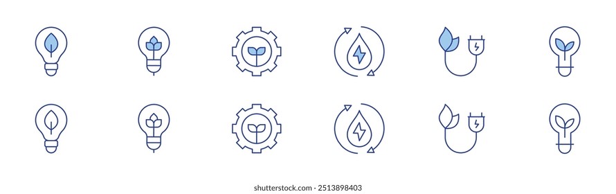 Green energy icon set in two styles, Duotone and Thin Line style. Editable stroke. green energy, idea, ecology, light bulb.