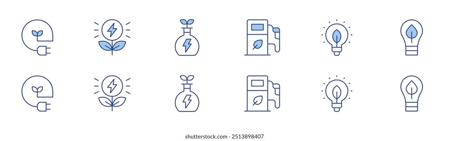 Green energy icon set in two styles, Duotone and Thin Line style. Editable stroke. green energy, save energy, flask.