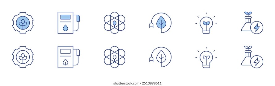 Ícone de energia verde definido em dois estilos, Duotônico e Linha fina. AVC editável. sustentabilidade, posto de gasolina, economia de energia, luz ecológica, energia verde.