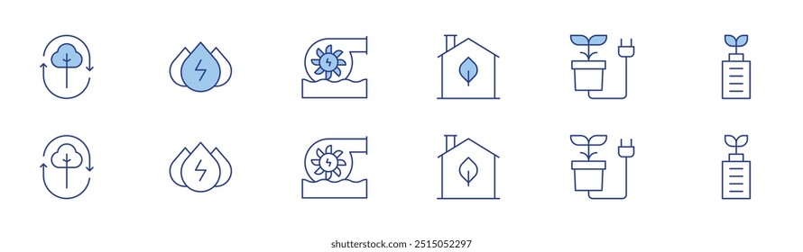 Ícone de energia verde definido em dois estilos, Duotônico e Linha fina. AVC editável. energia de biomassa, casa verde, energia hidráulica, energia, energia hidrelétrica, bateria ecológica.