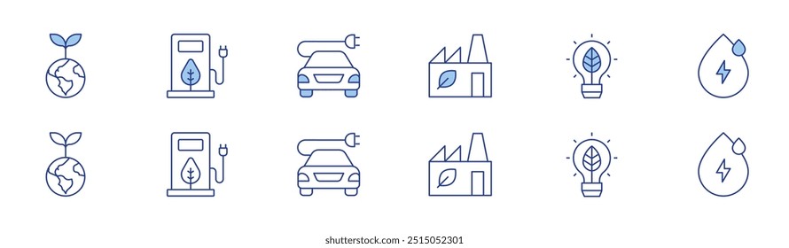 Green energy icon set in two styles, Duotone and Thin Line style. Editable stroke. eco factory, plant, green energy, electric car, water drop.