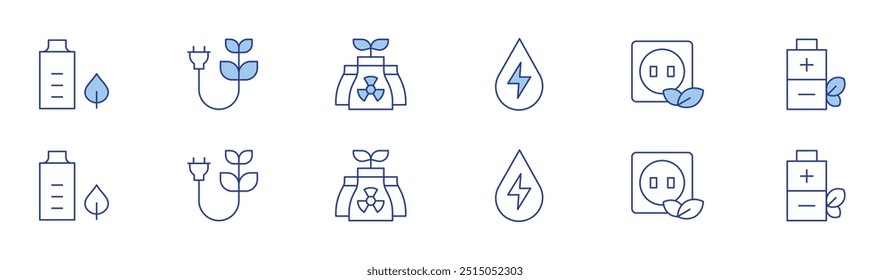 Icono de energía verde en dos estilos, estilo Duotone y Thin Line. Batería eco, energía de biomasa, energía hidráulica, energía verde, enchufe.