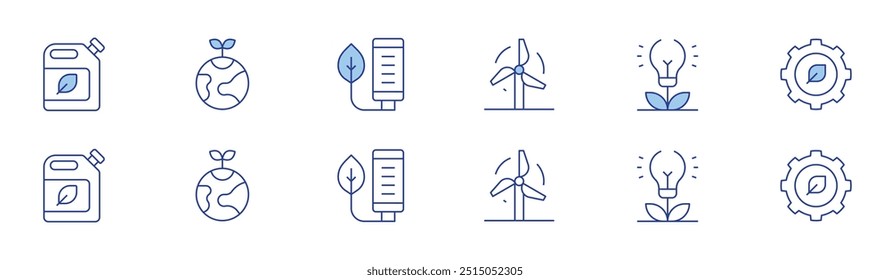 Green energy icon set in two styles, Duotone and Thin Line style. Editable stroke. bio, wind power, ecology, bio energy, gear, battery.