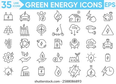 Green Energy Icon Set.Energy, ecology, green, electricity, alternative sources energy, efficienc, CO2 neutral, solar, geothermal, wind energy and more.Vector and illustrator set.