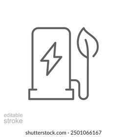 Green energy icon. Simple outline style. Charging station, leaves, charge, electric vehicle, environment, technology, nature concept. Thin line symbol. Vector illustration isolated. Editable stroke.