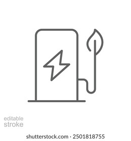 Green energy icon. Simple outline style. Charging station, leaves, charge, electric vehicle, environment, technology, nature concept. Thin line symbol. Vector illustration isolated. Editable stroke.