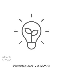 Green energy icon. Simple outline style. Save energy sign, leaf, sprout, light bulb, eco friendly, efficient, environment concept. Thin line symbol. Vector illustration isolated. Editable stroke.