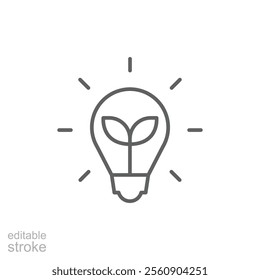 Green energy icon. Simple outline style. Save energy sign, leaf, sprout, light bulb, eco friendly, efficient, environment concept. Thin line symbol. Vector illustration isolated. Editable stroke.