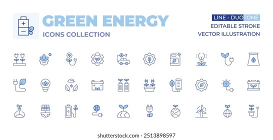 Kollektion grüner Energiesymbole. Linienduotonstil, bearbeitbarer Strich. Biomasse, Solarenergie, Nachhaltigkeit, Ökologie, Öko-Batterie, Stecker, Batterie, Bioenergie, Röhre, Umwelt, Energie.