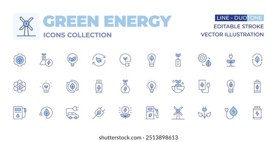 Coleção de ícones de energia verde. Linha Duotone estilo, curso editável. posto de gasolina, economia de energia, hidrogênio, carro elétrico, energia verde, luz ecológica, energia limpa, plugue, balão.