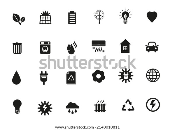 Green energy\
icons collection. Solar power concept set. Simple flat vector\
illustration in black and white.\
