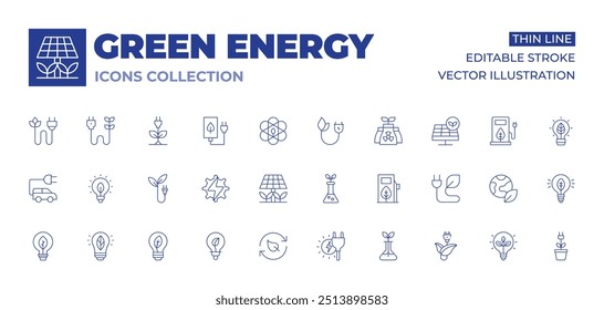 Colección de iconos de energía verde. Energía verde, bombilla, energía sostenible, Recargo, coche eléctrico, planta, energía, panel solar, laboratorio, eco fuel, ecología.