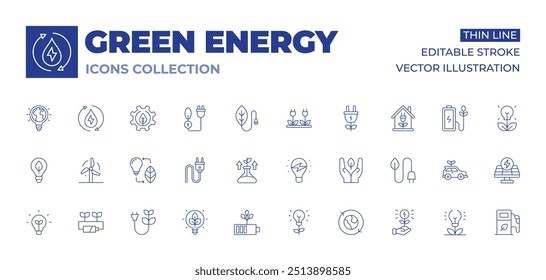Green energy icons collection. Thin Line icons, editable stroke. biomass, light bulb, battery, innovation, idea, wind power, ecology, power plug, green energy, eco energy, biomass energy, lightbulb.