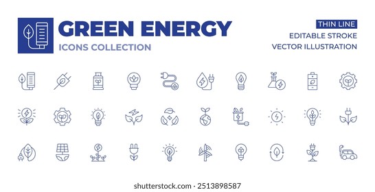 Green energy icons collection. Thin Line icons, editable stroke. bio energy, green energy, sustainability, green technology, plant, organic, solar, save, wind.