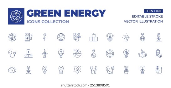 Green energy icons collection. Thin Line icons, editable stroke. ecology, bio, clean energy, bulb, green, water energy, eco, wind, hydraulic, saving, save ene