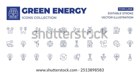 Green energy icons collection. Thin Line icons, editable stroke. green energy, light bulb, sustainable energy, charge, electric car, plant, energy, solar panel, laboratory, eco fuel, ecology.