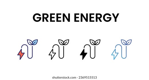 Green Energy icons, color, line, glyph, gradient, Blue icon, Green energy icon in five variations stock illustration.