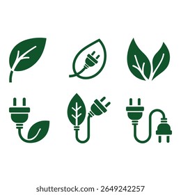 Green Energy Icons Eco Friendly Electrical Plug and Leaf Symbols Sustainable Power Concept Vector Illustration