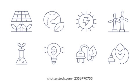 Green energy icons. Editable stroke. Containing solar panel, ecology, solar energy, windmill, laboratory, clean energy, organic.