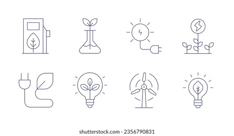 Green energy icons. Editable stroke. Containing eco fuel, ecology, sun energy, green, bio energy, wind.