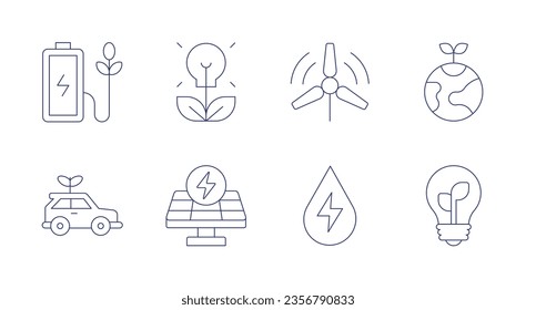 Green energy icons. Editable stroke. Containing eco battery, bio, wind turbine, ecology, green car, solar energy, hydraulic energy, bulb.