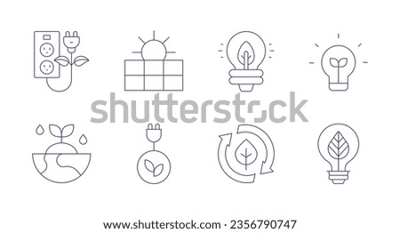 Green energy icons. Editable stroke. Containing power socket, solar panel, light bulb, eco light, ecology, bio energy, clean energy, eco energy.