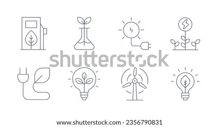 Green energy icons. Editable stroke. Containing eco fuel, ecology, sun energy, green, bio energy, wind.