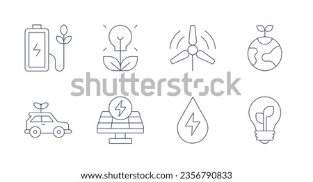 Green energy icons. Editable stroke. Containing eco battery, bio, wind turbine, ecology, green car, solar energy, hydraulic energy, bulb.