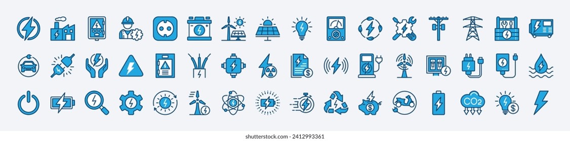 Green energy icons. Electricity icon set. Power related icon. Icons for renewable energy, ecology, green technology. Vector illustration