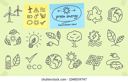 Green energy icons. Full vector drawings with editable strokes.