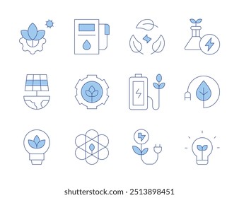 Ícones de energia verde. Linha Duotone estilo, curso editável. sustentabilidade, posto de gasolina, energia solar, economia de energia, bateria ecológica, energia verde, luz ecológica, meio ambiente.