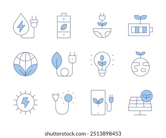 Green energy icons. Line Duotone style, editable stroke. smartphone, solar energy, green energy, sustainable energy, eco friendly, green earth, hydro power.