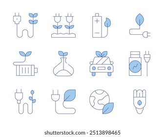 Green energy icons. Line Duotone style, editable stroke. battery, green energy, ecology, bio energy, green vehicle, tube, saving.