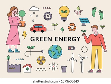 Green energy icons and people to protect the planet. flat design style minimal vector illustration.