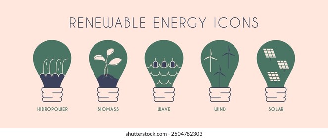 Grüne Energie-Icons. Typen erneuerbarer Energiequellen in Glühlampen: Solar, Wasser, Fossil, Wind, Biomasse, Welle, Wasserkraft. Grüne Ökotechnologie. Vektorgrafiken