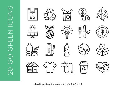 Green Energy icons. Set of 20 icons related to sustainable and renewable energy sources. Includes Solar Panel, Wind Turbine, Hydroelectric Dam, Electric Car, Battery icons. Vector illustration.