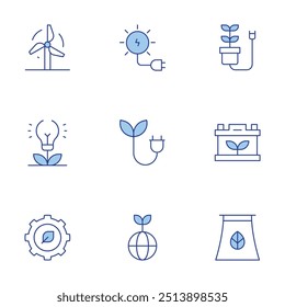 Green energy icons set. Line Duotone style, editable stroke. sun energy, wind power, green energy, bio energy, ecology, gear, factory, battery.