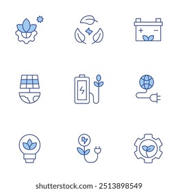 Green energy icons set. Line Duotone style, editable stroke. solar energy, sustainability, green technology, eco battery, green energy, battery, eco, environment, energy.