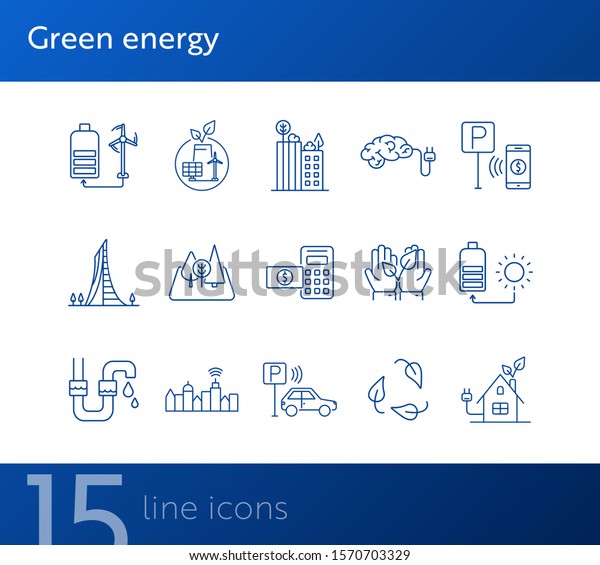 Green energy icons. Set of line icons. Hands\
holding plant, electro car, bike rent. Alternative energy concept.\
Vector illustration can be used for topics like environment,\
ecology, technology