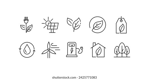 Green energy icons set. Outline, a collection of icons symbolizing green energy, buttons to save the climate. Vector icons