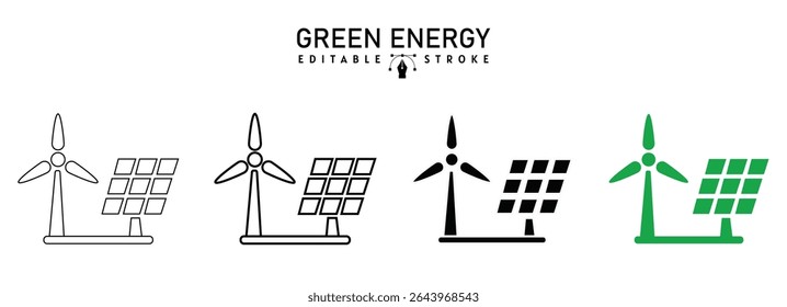 green energy icons set, Renewable Energy Icon Set,  eco-friendly, sustainable, and green energy symbols for environmental projects: wind turbine, solar panel,